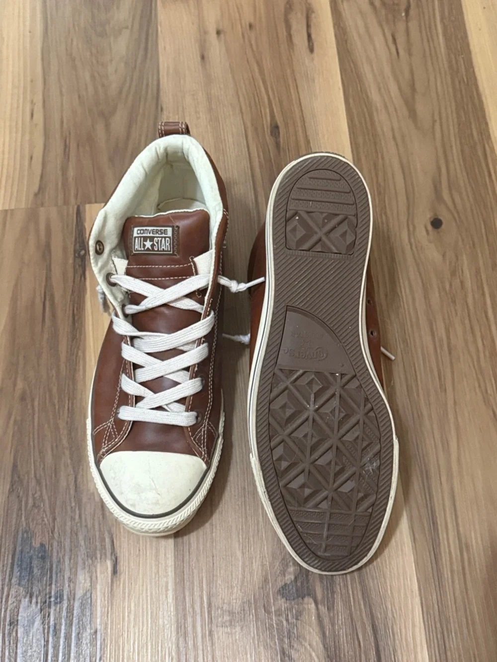 Cool Converse Brown & Cream Leather Mid- Top Sneakers - Picture 4 of 5